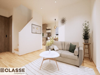 【完成予想図】 | 城陽市寺田大谷　売土地　建築条件付き | アトリエスタイルハウス仕様の窓はペアガラス、サッシはアルミ×樹脂複合のハイブリットサッシを採用。ガラスの間には断熱性の高いアルゴンガスを充填しておりますので、より断熱性能が高まる仕様になっております。