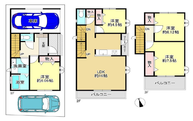 【間取り】 | 八尾市南本町6丁目 | 3階建【全洋室4LDK＋駐車2台可能】バルコニー南向きです☆