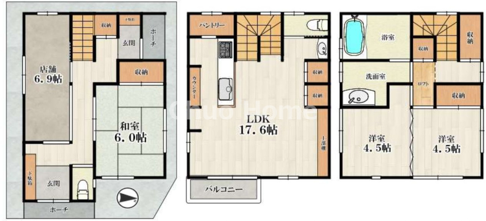 足立区千住東1丁目中古住宅の間取り|角地につき日当たり・通風良好。店舗+3LDK+ロフト。