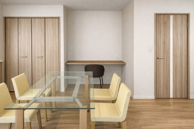 物集女町ヲサン田　建築条件付土地の完成予想図|【内観イメージパース】
広々２０帖のリビング！カウンターもありお子様のお勉強スペースとして大活躍しそう♪（新築参考プラン：建物価格1699万円、建物面積90.39㎡）