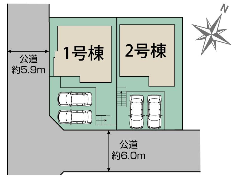【本日ご案内可能】豊明市二村台7丁目　全2棟の区画図|全体区画数｜全2棟
◆駐車並列2台可能(但し、車種による)
◆前面道路幅員約6mで車通りが少ないため駐車も楽々です。
◎まずは、お気軽にお問い合わせください。現地を案内しながら周辺環境も見て頂けます。