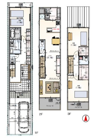 【間取り】 | 東住吉区鷹合1丁目 | LDK約20帖！全居室7帖以上、ゆったり3LDK♪収納豊富！シューズクローク・ウォークインクロークあり♪トイレ3ヵ所、各階に完備☆2階ワイドバルコニー☆パントリー直結サービスバルコニーあります♪