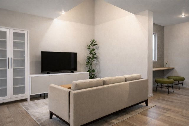 寺戸町岸ノ下の完成予想図|【内観イメージパース】
家具配置の参考にもなるイメージパース図です。お部屋の広さや雰囲気のイメージが膨らみますね♪（土地面積108.44㎡、建物面積98.21m2）