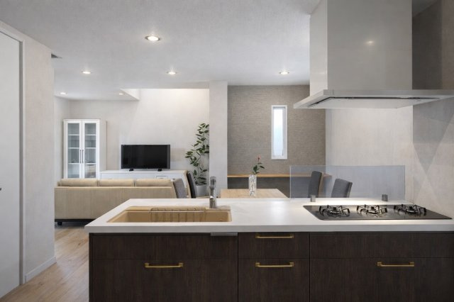 寺戸町岸ノ下の完成予想図|【内観イメージパース】
リビング側とキッチン側の双方からお互いの姿が見える配置の為、ご家族とのコミュニケーションがとりやすい！（土地面積108.44㎡、建物面積98.21m2）