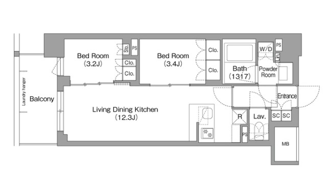 コンフォリア・リヴ大森西の間取り|西向きバルコニーの2LDK