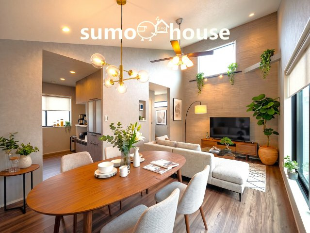 新築デザイナーズ分譲住宅限定1棟　開放的なシーリングファンのある家　～東有馬2丁目～の居間・リビング|リビングです