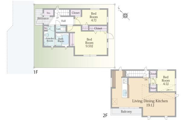 【間取り】 | 1階と2階で居室が分かれておりプライベートな空間を確保できます。リビングダイニングキッチンは広々とした19.1帖で開放感があります。各部屋にクローゼットがあり収納スペースも整っています。