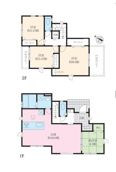 鎌倉市手広６丁目の新築一戸建の間取り|1号棟　４LDK／広々18帖LDK・和室4.5帖・洋室8.6帖・洋室5.25帖・洋室5.25帖。二面バルコニー・1坪浴室・