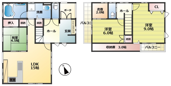 【間取り】 | つくば市山中　中古戸建 | 玄関6帖、1.5坪バス×回遊動線♪