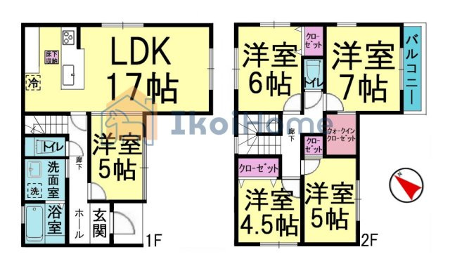 神戸市西区桜が丘中町2丁目　新築戸建の間取り|【ホームページに現地動画掲載中】●年中無休：当日予約可●LDK17と洋室5帖、合わせて23帖で広々！
