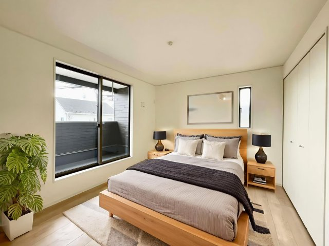 耐震等級３！ご成約プレゼント対象物件！の洋室|日当たり風通しともに良好！明るく朝を迎えられるつくりになっています♪　２号棟　※ CGで家具を配置しています