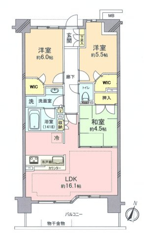【間取り】 | □■プライム湘南辻堂リーフィアレジデンス■□ | 【3LDK＋2WIC】LDK16.1帖 和室4.5帖 洋室6帖・5.5帖