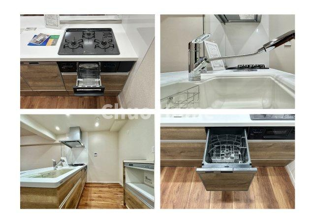 なぎさニュータウン5号棟のキッチン|【システムキッチン】ワイドで収納豊富な使い勝手の良いカウンターキッチンには、食洗器や伸縮タイプのキッチン水栓、三ツ口コンロ・魚焼きグリルなどの便利な設備が標準完備されています。