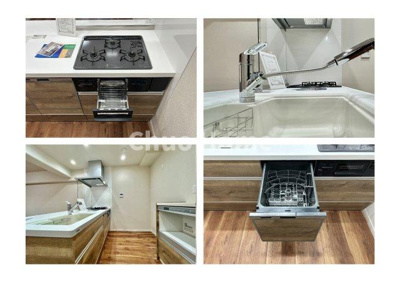 【キッチン】 | なぎさニュータウン5号棟 | 【システムキッチン】ワイドで収納豊富な使い勝手の良いカウンターキッチンには、食洗器や伸縮タイプのキッチン水栓、三ツ口コンロ・魚焼きグリルなどの便利な設備が標準完備されています。