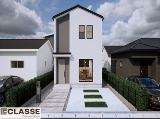 【外観パース】 | 城陽市寺田市ノ久保　2区画　A号地　売土地　建築条件付き | 参考プランになりますので、お客様のお好みの外観を一緒に作らせていただきます。外壁には、メンテナンスが楽な光セラを採用しており、汚れがつきにくく、色あせもしにくいのでおススメです！