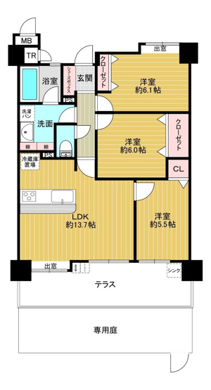 【間取り】 | グランディアソラーレ博多の杜 | 8月にリフォーム完成しました。庭付き1階のお部屋なので、遊び盛りのお子様がいるご家庭でも安心です
