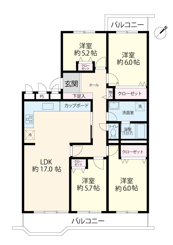 両面バルコニーとワイドスパンバルコニーで通風良好な４LDK
