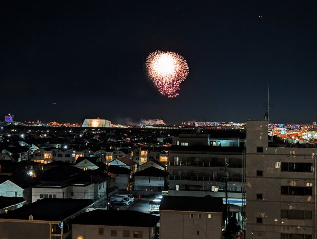 リビング隣の洋室、バルコニーから、テーマパークの花火が望めます。