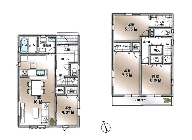 【間取り】 | 新座市畑中1丁目　新築一戸建住宅　全3棟　(志木本店) | エアコンの効率が良い独立型のLDK。
2部屋から出入り可能なバルコニーは洗濯や布団干しにも便利です。