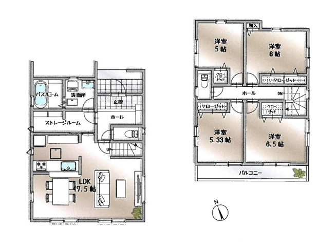 【間取り】 | 新座市畑中1丁目　新築一戸建住宅　全3棟　(志木本店) | 家族と自然と顔を合わせるリビングイン階段。
2Wayタイプのストレージルームで家事・育児動線も良好です。