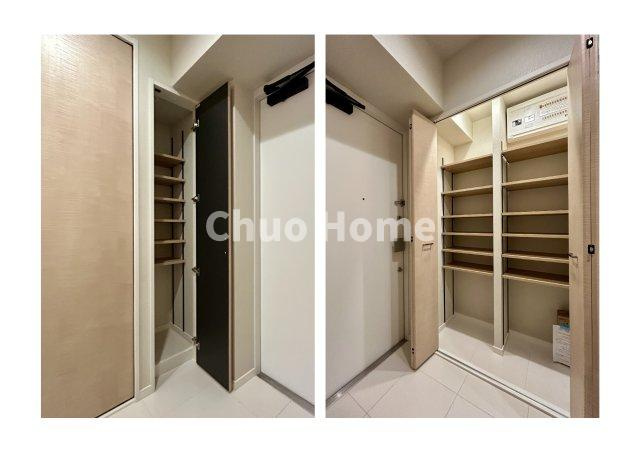 プラウドタワー東雲キャナルコートの玄関|【玄関】玄関には大型のシューズクローゼットを設置しておりますのでいつでもスッキリりとした空間を保てます。玄関周りを清潔に使うのはとても大事なことですよね。