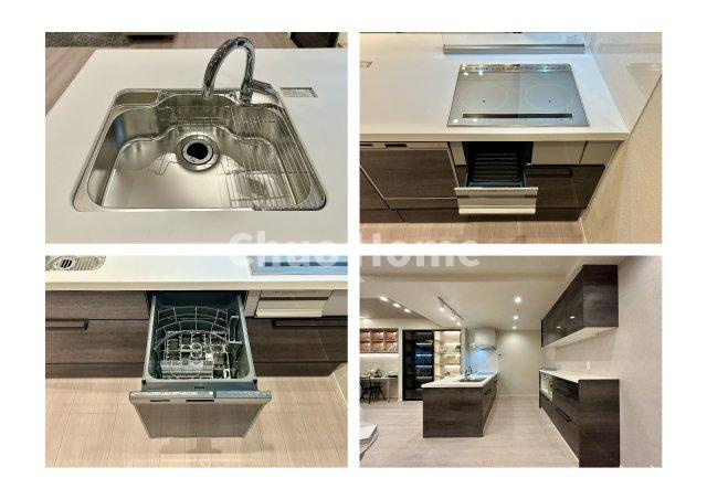 プラウドタワー東雲キャナルコートのキッチン|【システムキッチン】ワイドで収納豊富な使い勝手の良いカウンターキッチンには、ディスポーザーや食洗器、伸縮タイプのキッチン水栓、IHクッキングヒーターなどの便利な設備が標準完備されています。