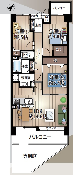 オークヒルズ香里弐番館の間取り|専有面積71.29㎡