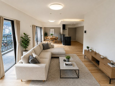 【居間・リビング】 | イーストヒルズ矢野弐番館 | 19.5帖ＬＤＫ　AIによる家具配置イメージ