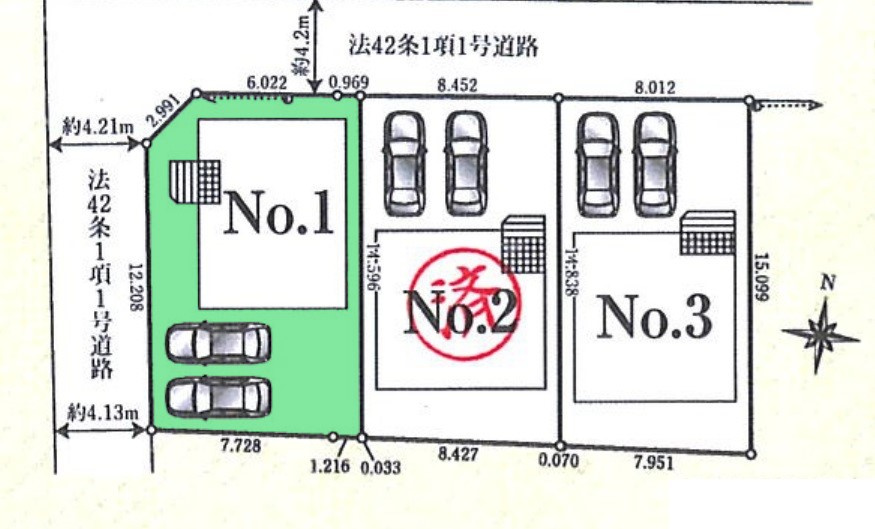 新築一戸建て　川越市笠幡の区画図|角地のため日当たり良好です