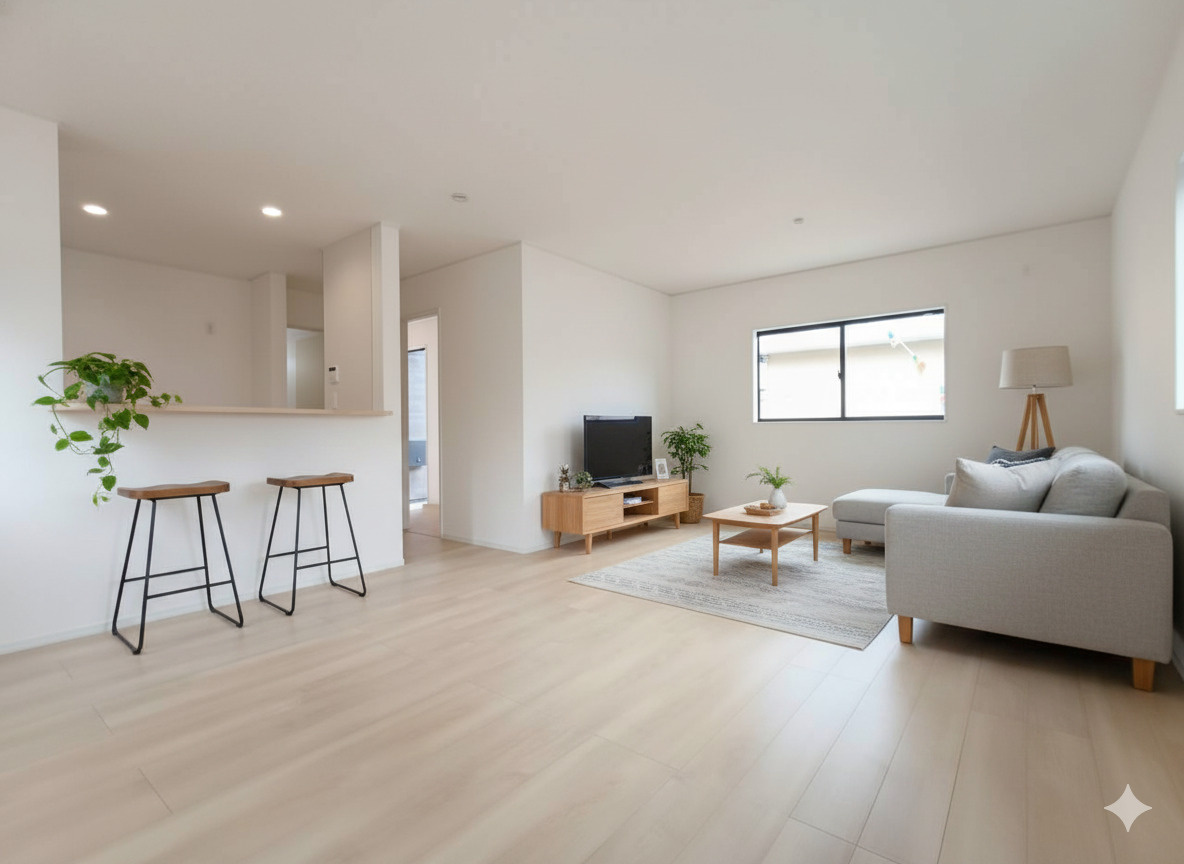 吉川市　吉川1丁目　新築戸建　全1棟の居間・リビング|ゆったり広さで休日も至福。笑顔が集まるリビング※家具をCGで加工しており、家具付き販売ではございません。