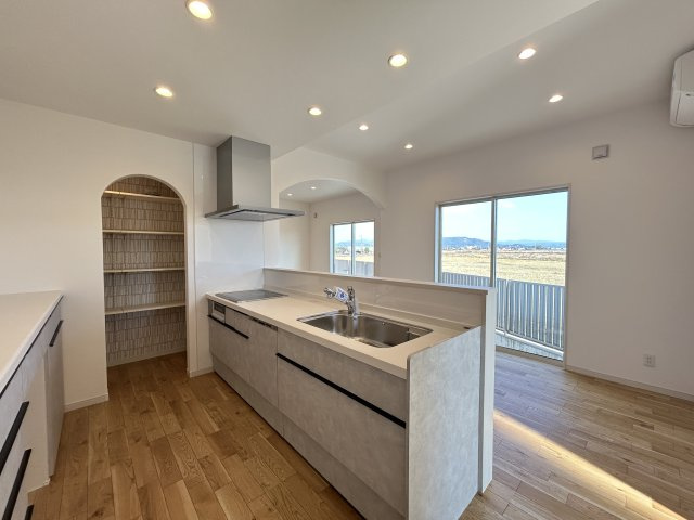 南国市大そね甲　新築一戸建てのキッチン|キッチンの横にはパントリーがあるのでバックカウンターはすっきり片付けられそうですね。