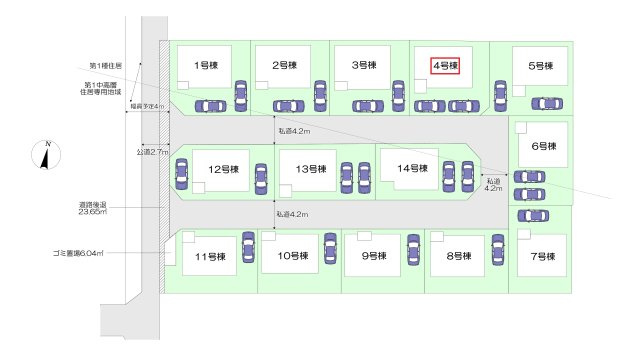 飯能市双柳・全14棟　新築一戸建　4号棟　～駐車2台可～の区画図|【全14棟・4号棟】
南道路に面し日当たり良好、駐車2台可能です。