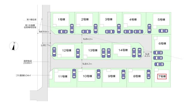 飯能市双柳・全14棟　新築一戸建　7号棟　～LDK18帖～の区画図|【全14棟・7号棟】
駐車1台可能です。