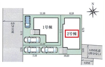 所沢市所沢新町・全2棟　新築一戸建　2号棟　～収納豊富～の区画図|【全2棟・2号棟】カースペース2台分(車種による)