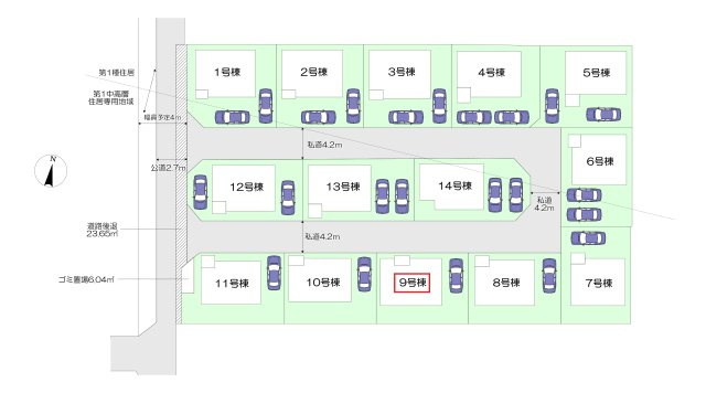 飯能市双柳・全14棟　新築一戸建　9号棟　～LDK16.5帖～の区画図|【全14棟・9号棟】
駐車1台可能です。