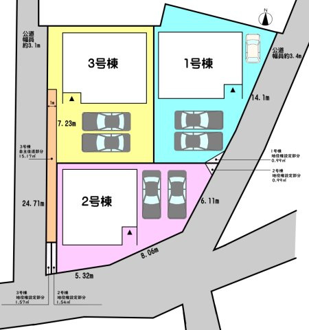 碧南市志貴町の区画図|1号棟　駐車スペース3台（車種による）