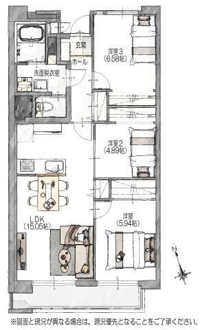 【間取り】 | 片江ハイツ | 8月にリフォーム完了しています。リビングも居室もゆったりとした3LDKでご家族で快適に暮らせそうです