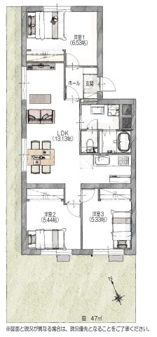 【間取り】 | 荒江サンハイツ | 戸建て感覚が味わえる専用庭付きの3LDKです。角部屋なので採光面が多く明るいお部屋です