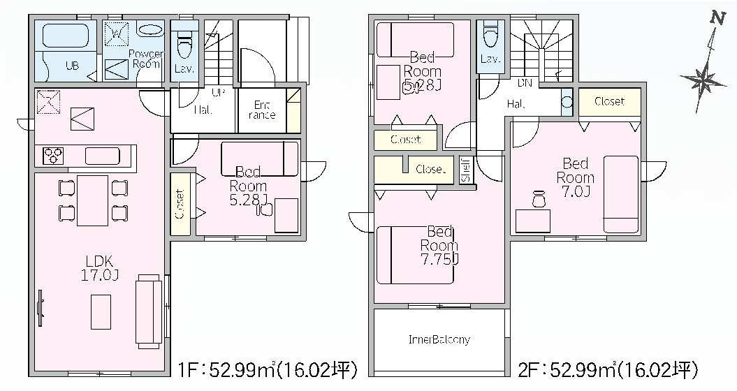 新築　藤岡市森1期　LIGNAGE　１号棟の間取り|建物面積105.98㎡　各部屋収納付きで便利です！インナーバルコニーなので急な雨でもお洗濯物も安心です。