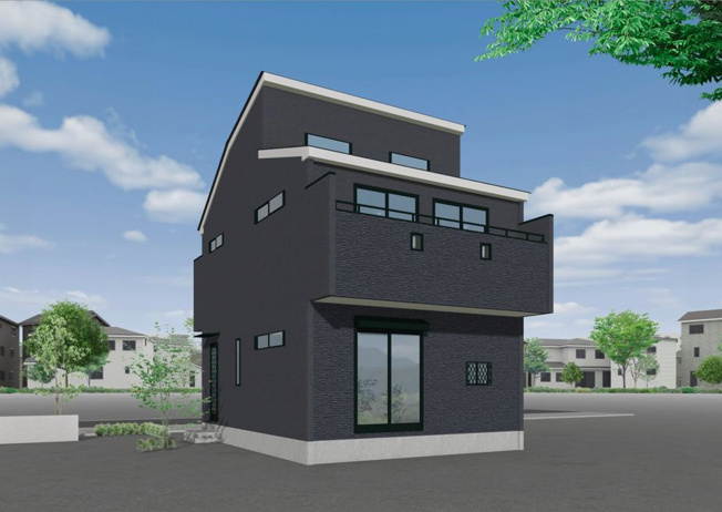 【外観パース】 | 東久留米市南町４丁目　新築戸建て | モダンで開放感のあるデザインが、自然光と美しく調和しています