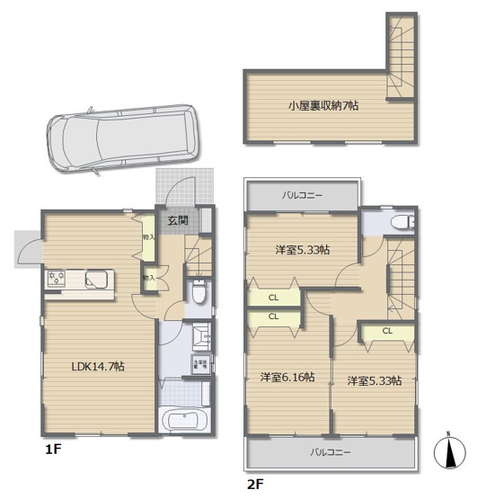 【間取り】 | 東久留米市南町４丁目　新築戸建て | 2階の2部屋は引戸仕様、お子様が増えるまでは1部屋利用可能！