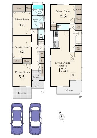 杉並区南荻窪2丁目の間取り|4LDK、土地面積103.20㎡、建物面積100.84㎡ 、ワイドバルコニー、カースペース2台(車種による)付