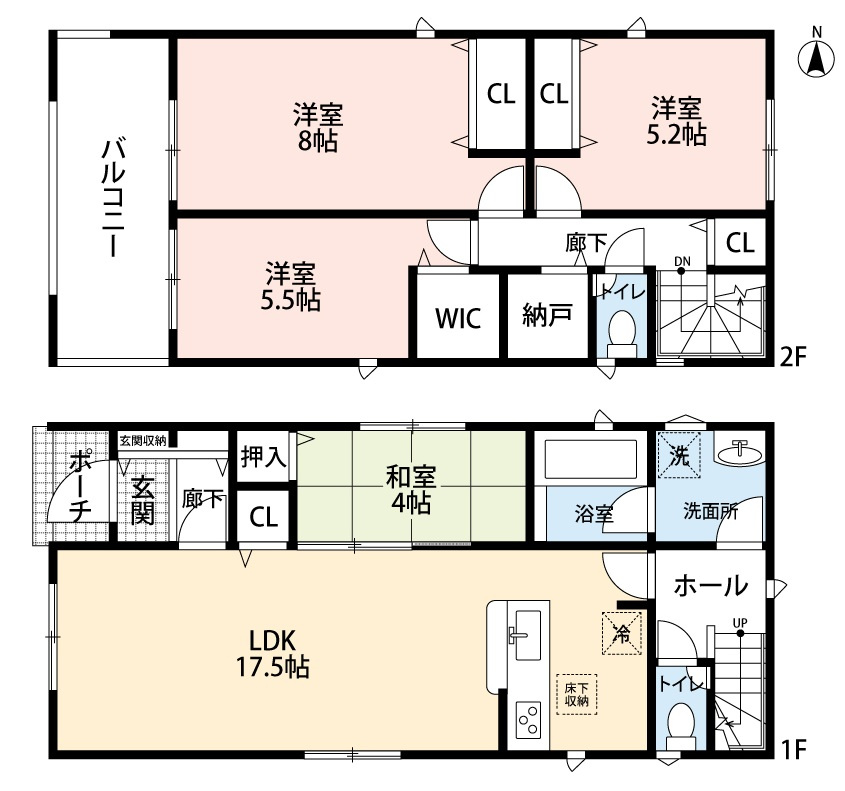 小牧市大字二重堀　新築戸建　3号棟の間取り|インテリアが映える広々としたリビングは17.5帖+和室4帖の続き間
会話が弾む対面式キッチン
収納豊富なWIC＆納戸＆玄関収納