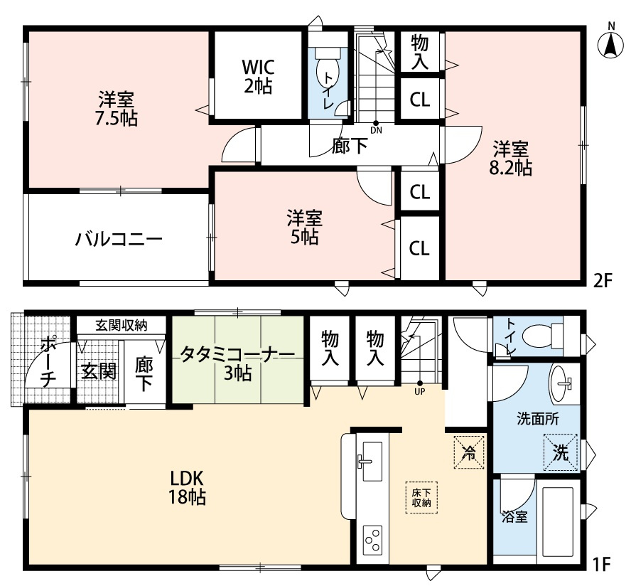 小牧市大字二重堀　新築戸建　2号棟の間取り|インテリアが映える広々としたリビングは18帖+畳コーナー3帖
会話が弾む対面式キッチンにはパントリー
たっぷり収納WICと、あると便利な玄関収納