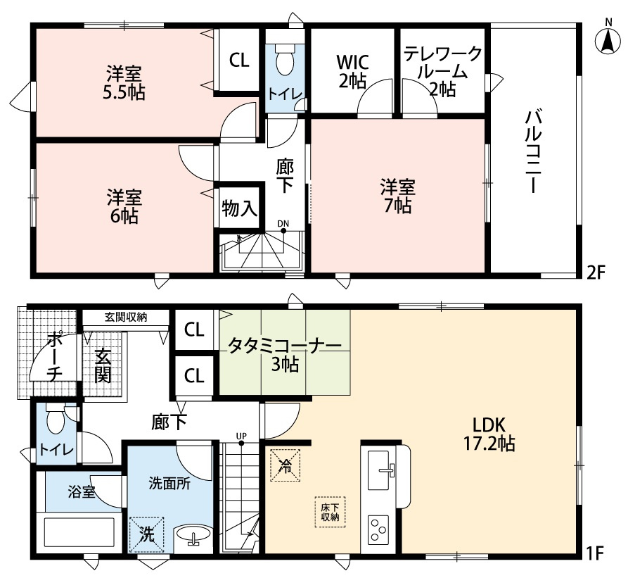 小牧市大字二重堀　新築戸建　１号棟の間取り|インテリアが映える広々としたリビングは17.2帖+畳コーナー3帖
会話が弾む対面式キッチン
たっぷり収納WICと、あると便利なテレワークルーム