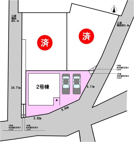 碧南市志貴町の区画図|2号棟　並列駐車2台+軽自動車　計3台