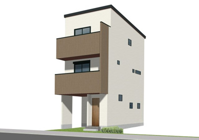 【外観パース】 | 豊中市夕日丘2丁目、新築戸建て♪ | 【パース画像】３階建て参考パース画像♪周囲と調和しつつ、スッキリした外観にアクセントカラーで個性を持たせたオシャレな住まいです♪
※参考パースの為、実際とは異なる場合がございます。