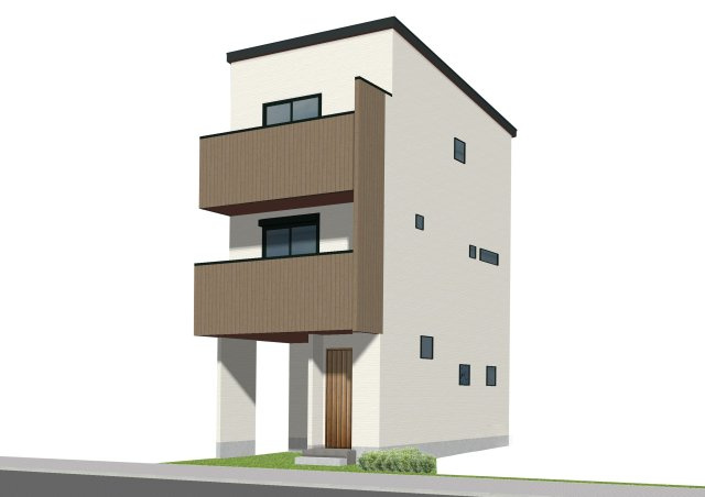 【外観パース】 | 豊中市夕日丘2丁目、新築戸建て♪ | 【パース画像】３階建て参考パース画像♪周囲と調和しつつ、スッキリした外観にアクセントカラーで個性を持たせたオシャレな住まいです♪
※参考パースの為、実際とは異なる場合がございます。