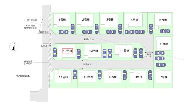 飯能市双柳・全14棟　新築一戸建　12号棟　～LDK16.2帖～の区画図|【全14棟・12号棟】
日当たり・通風良好な南西・北西角地、駐車2台可能です。