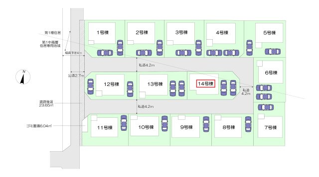 飯能市双柳・全14棟　新築一戸建　14号棟　～LDK16.2帖～の区画図|【全14棟・14号棟】
日当たり・通風良好な北東・東南角地、並列駐車2台可能です。